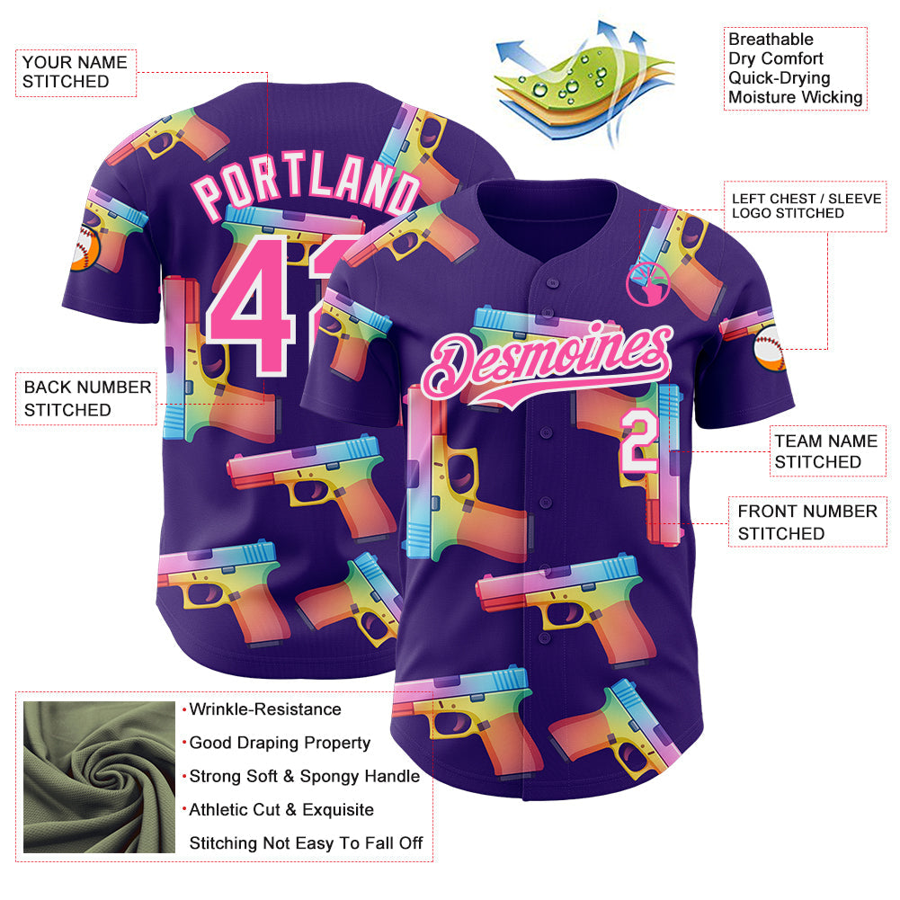 Custom Purple Pink-White Colorful Firepower 3D Pattern Design Authentic Baseball Jersey