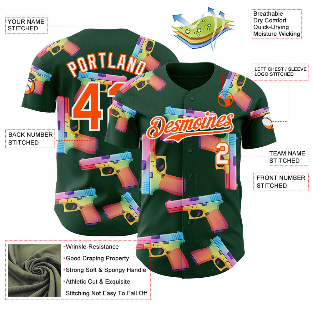 Custom Green Orange-White Colorful Firepower 3D Pattern Design Authentic Baseball Jersey