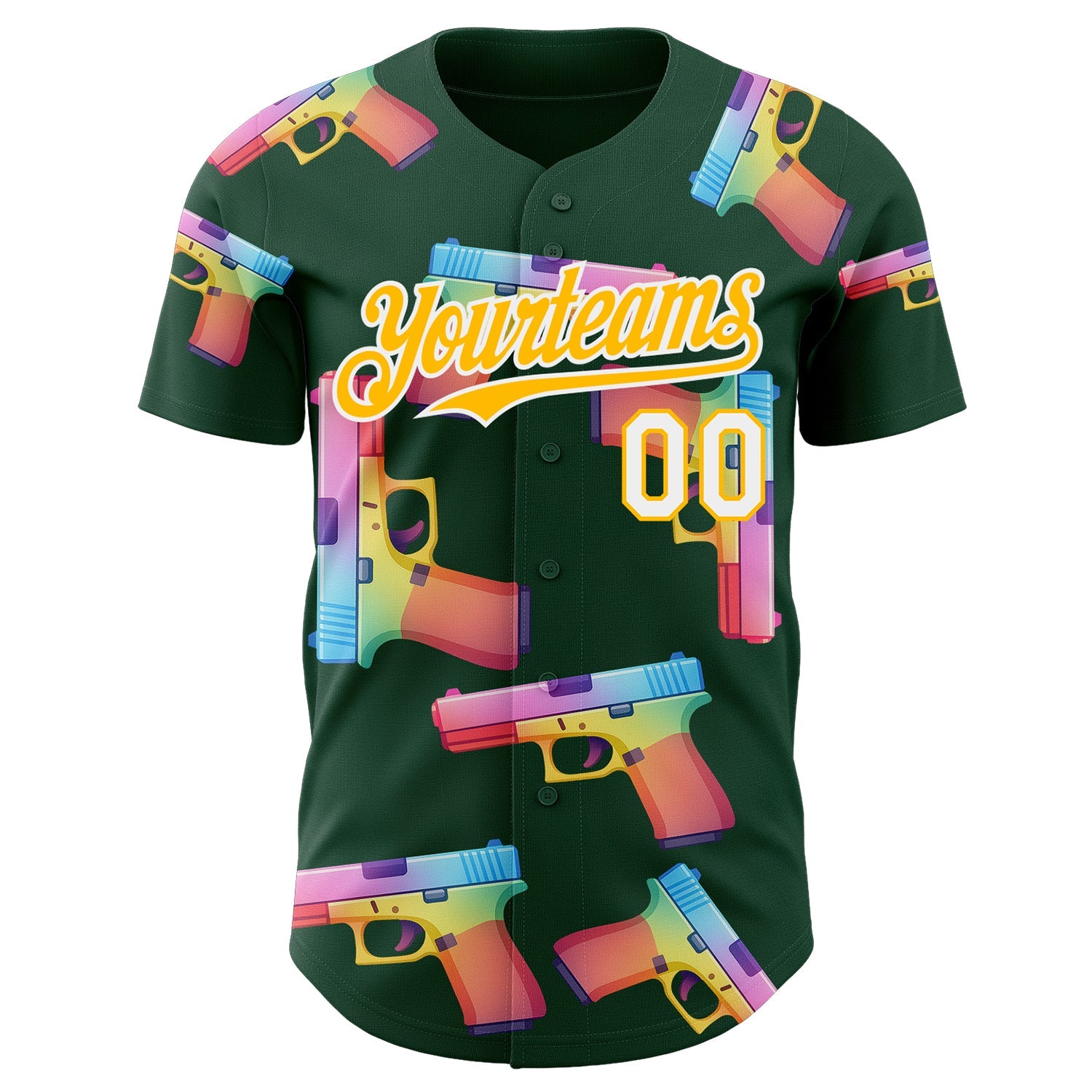 Custom Green Gold-White Colorful Firepower 3D Pattern Design Authentic Baseball Jersey