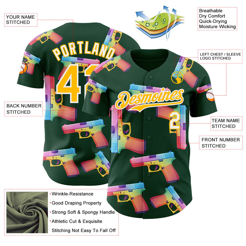 Custom Green Gold-White Colorful Firepower 3D Pattern Design Authentic Baseball Jersey
