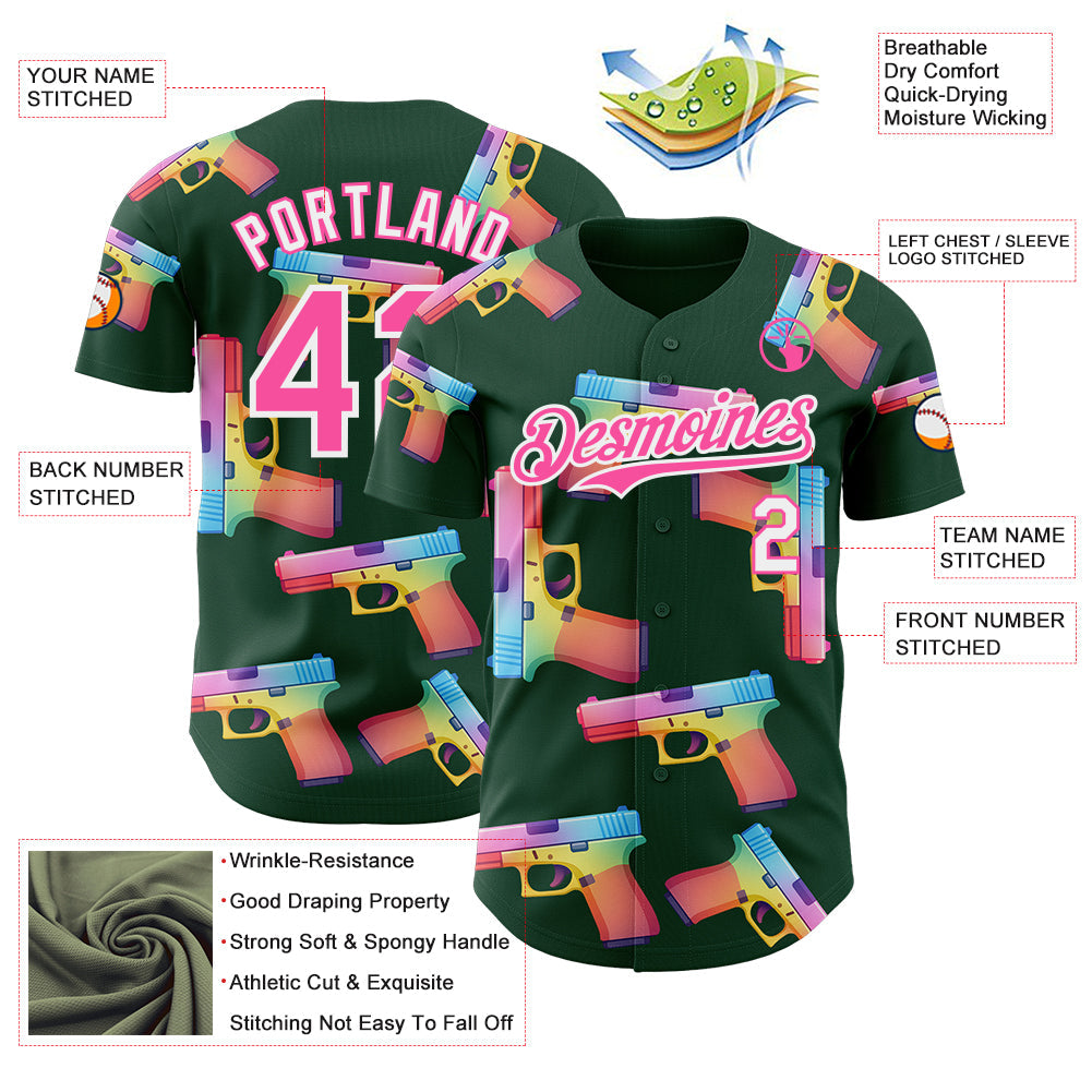 Custom Green Pink-White Colorful Firepower 3D Pattern Design Authentic Baseball Jersey