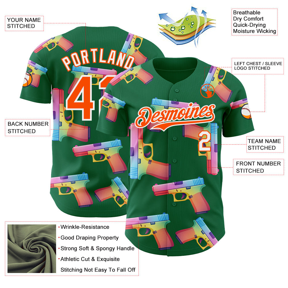 Custom Kelly Green Orange-White Colorful Firepower 3D Pattern Design Authentic Baseball Jersey