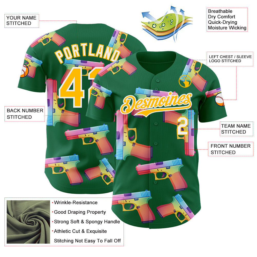 Custom Kelly Green Gold-White Colorful Firepower 3D Pattern Design Authentic Baseball Jersey