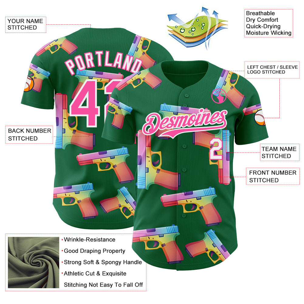 Custom Kelly Green Pink-White Colorful Firepower 3D Pattern Design Authentic Baseball Jersey