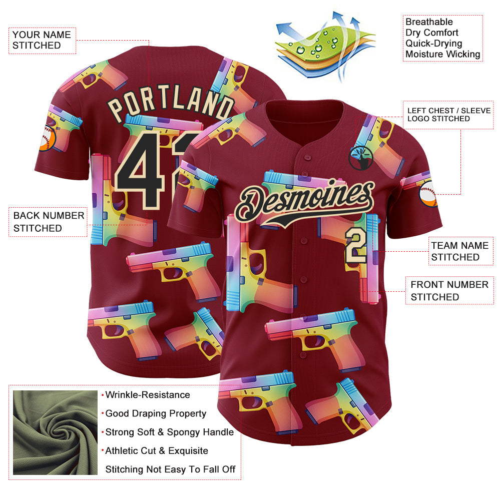 Custom Crimson Black-Cream Colorful Firepower 3D Pattern Design Authentic Baseball Jersey