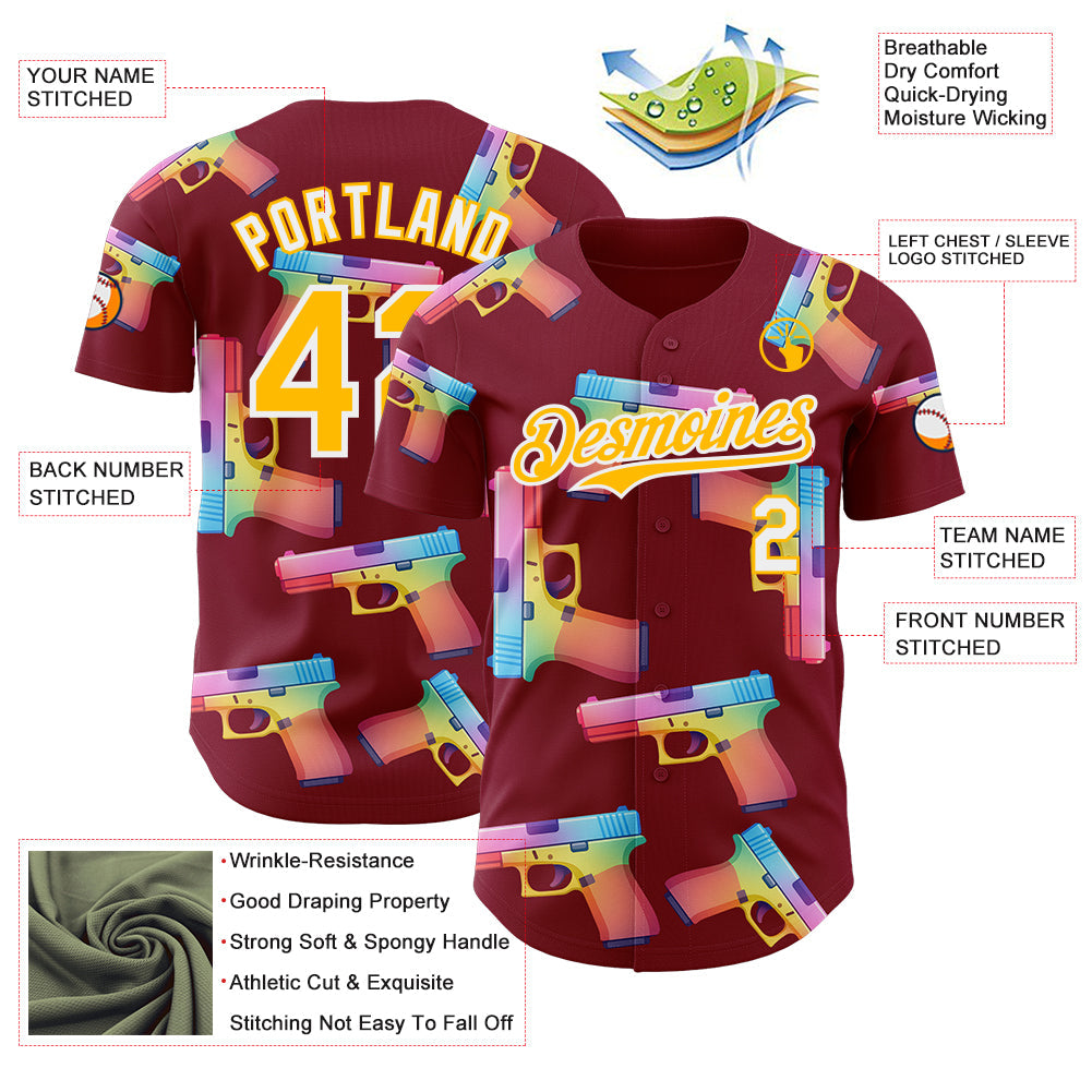 Custom Crimson Gold-White Colorful Firepower 3D Pattern Design Authentic Baseball Jersey