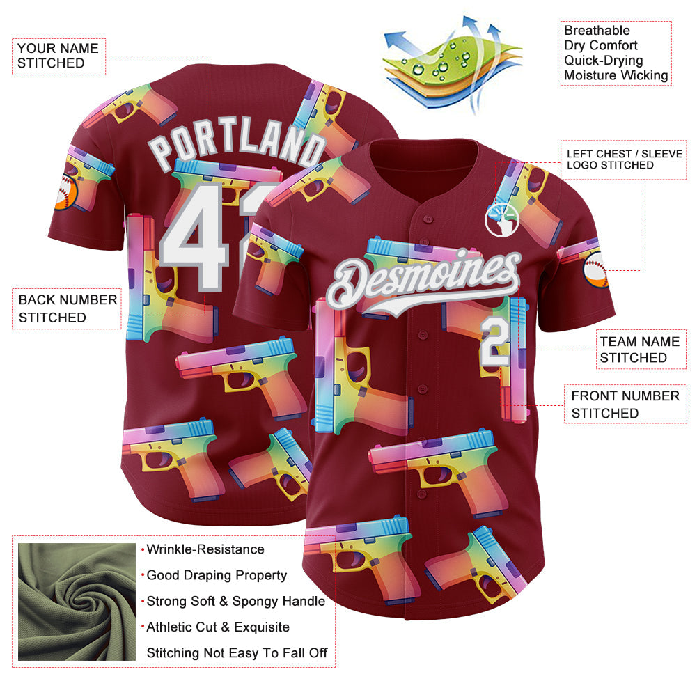 Custom Crimson White-Gray Colorful Firepower 3D Pattern Design Authentic Baseball Jersey