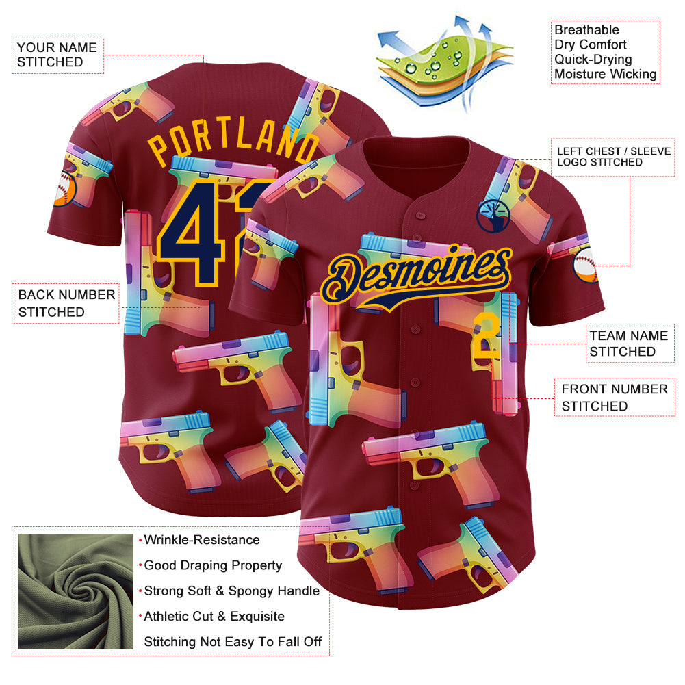 Custom Crimson Navy-Gold Colorful Firepower 3D Pattern Design Authentic Baseball Jersey