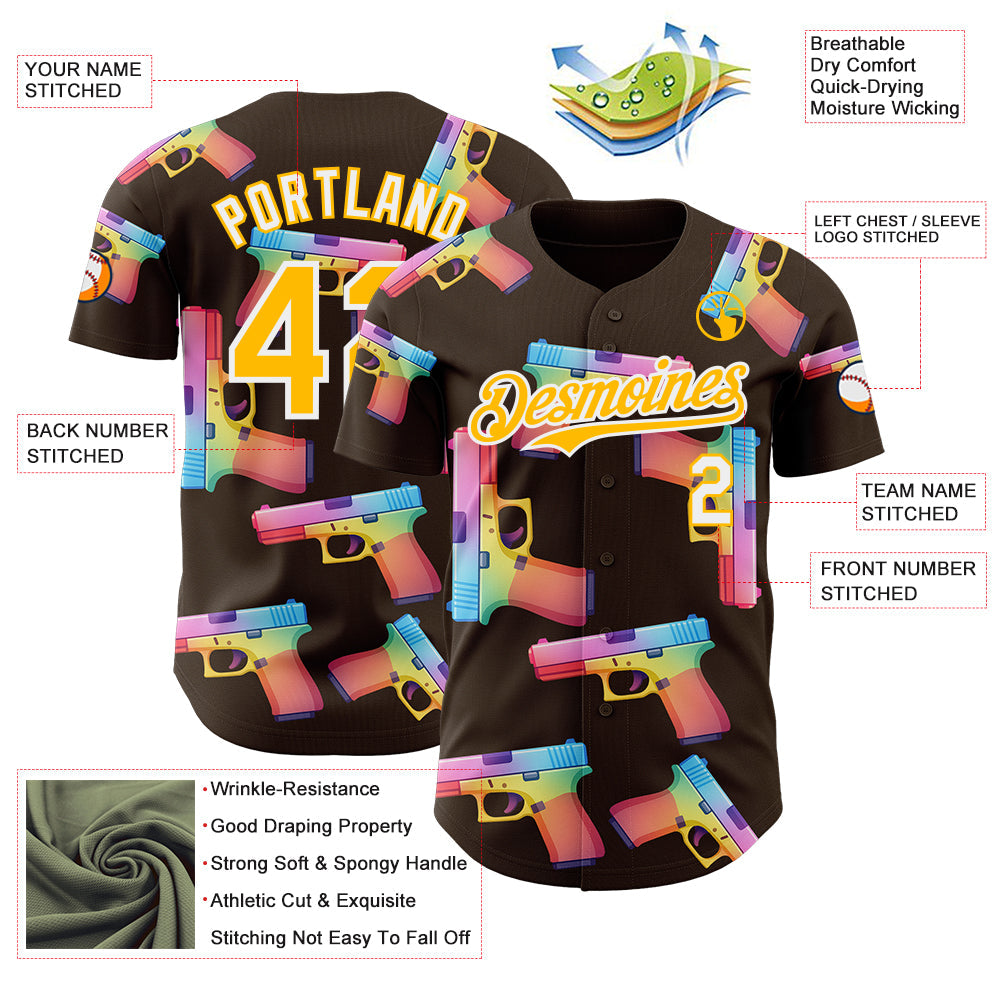 Custom Brown Gold-White Colorful Firepower 3D Pattern Design Authentic Baseball Jersey