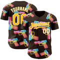 Custom Brown Gold-White Colorful Firepower 3D Pattern Design Authentic Baseball Jersey