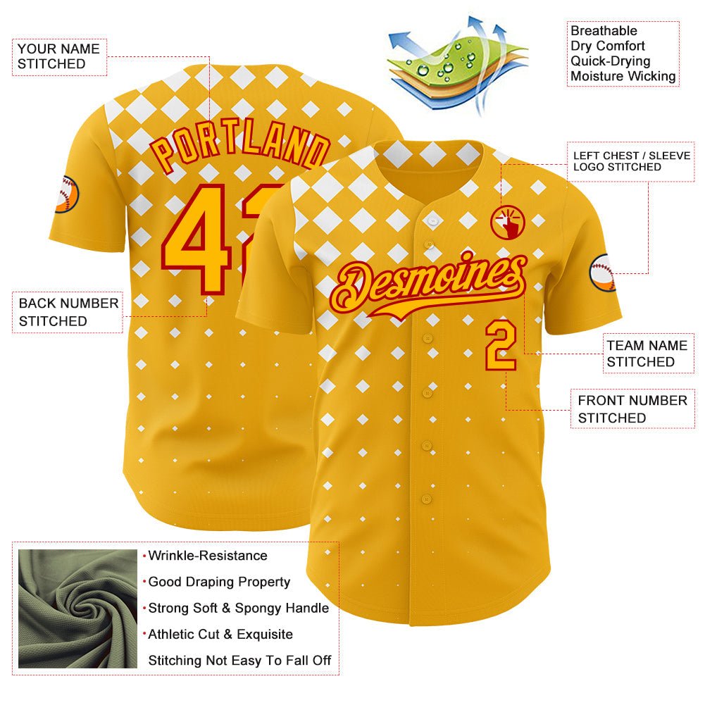 Custom Gold White-Red Geometric Diamond Grid Rhombus Authentic Baseball Jersey