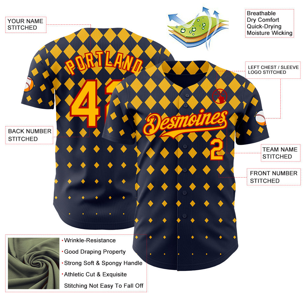 Custom Navy Gold-Red Geometric Diamond Grid Rhombus Authentic Baseball Jersey