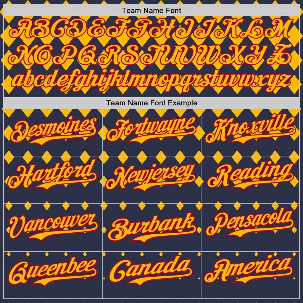 Custom Navy Gold-Red Geometric Diamond Grid Rhombus Authentic Baseball Jersey