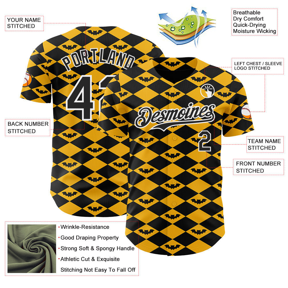 Custom Gold Black-White Geometric Diamond Grid Rhombus Bat Authentic Baseball Jersey