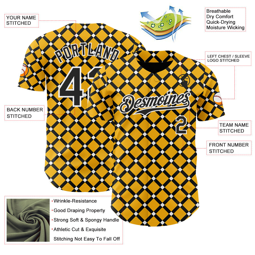 Custom Gold Black-White Geometric Diamond Grid Rhombus Authentic Baseball Jersey