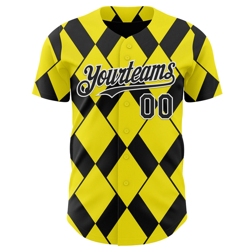 Custom Light Yellow Black-White Geometric Diamond Grid Rhombus Authentic Baseball Jersey