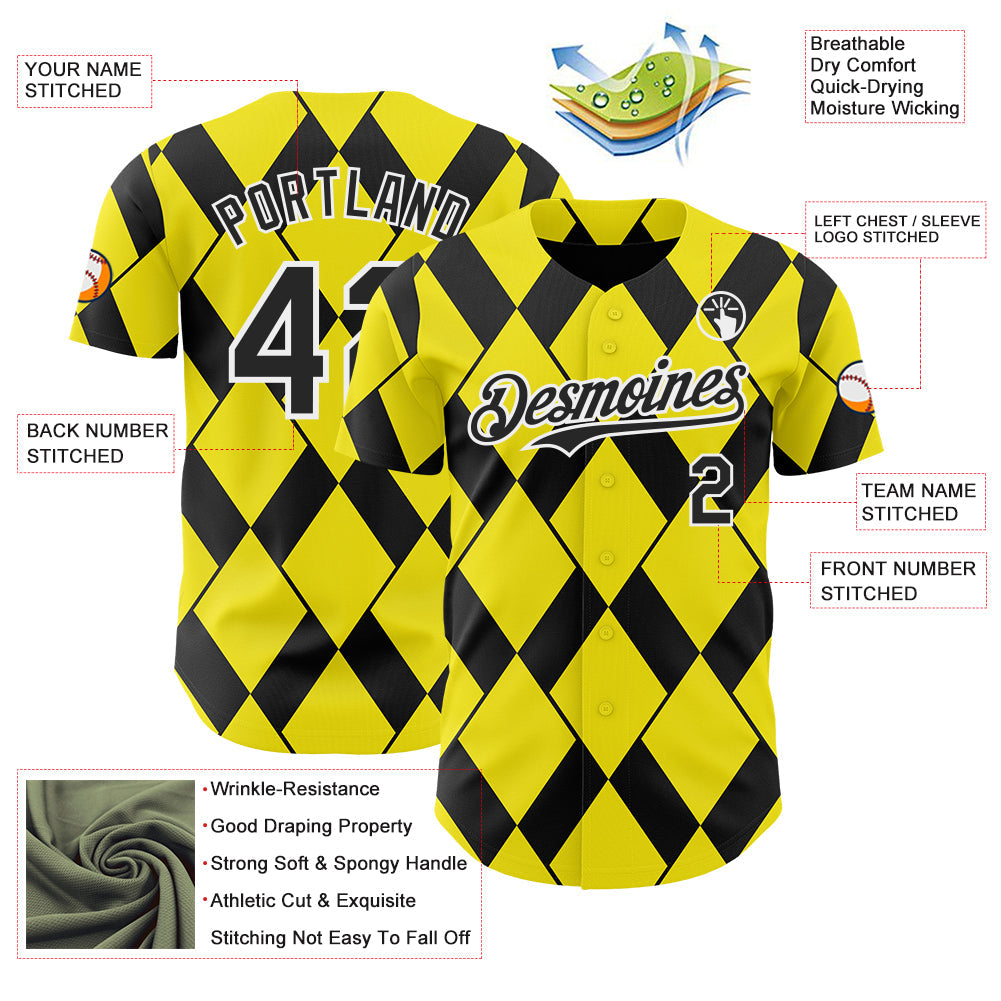 Custom Light Yellow Black-White Geometric Diamond Grid Rhombus Authentic Baseball Jersey