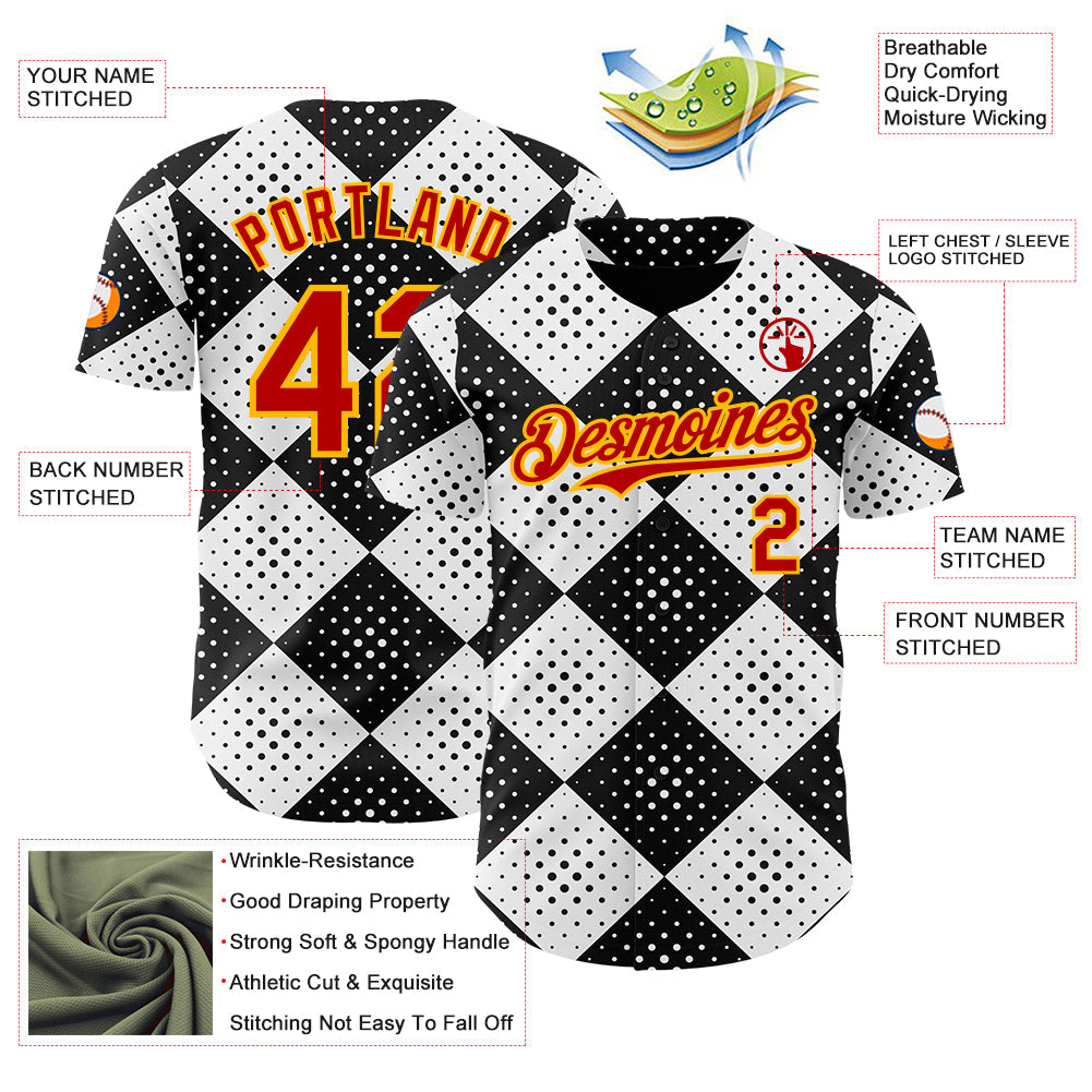 Custom Black Red White-Gold Geometric Diamond Grid Rhombus Polka Dots Authentic Baseball Jersey