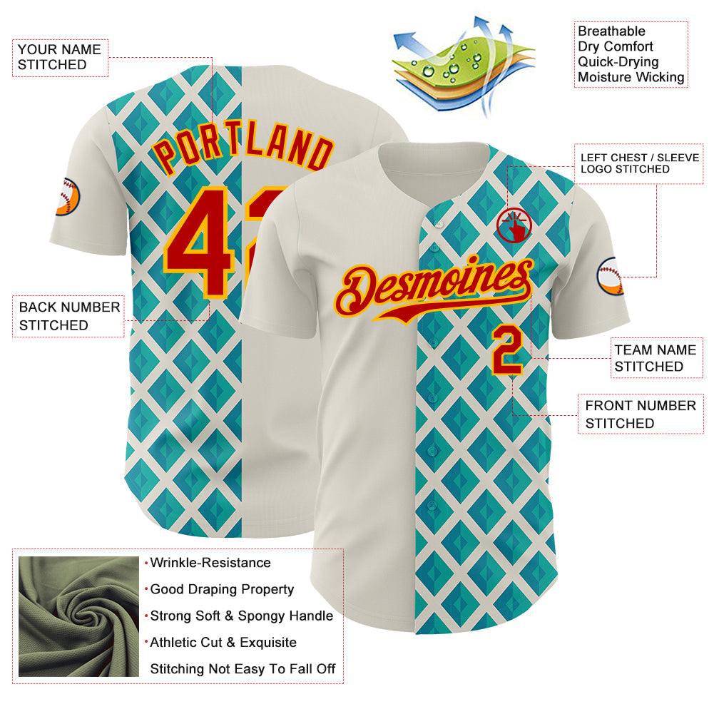 Custom Cream Red Blue-Gold Geometric Diamond Grid Rhombus Authentic Baseball Jersey