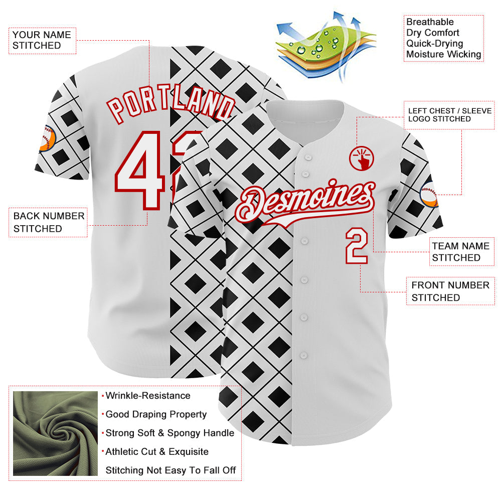 Custom White Black-Red Geometric Diamond Grid Rhombus Authentic Baseball Jersey