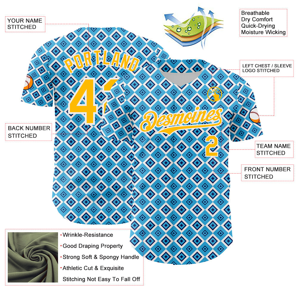 Custom Blue Gold-White Geometric Diamond Grid Rhombus Authentic Baseball Jersey