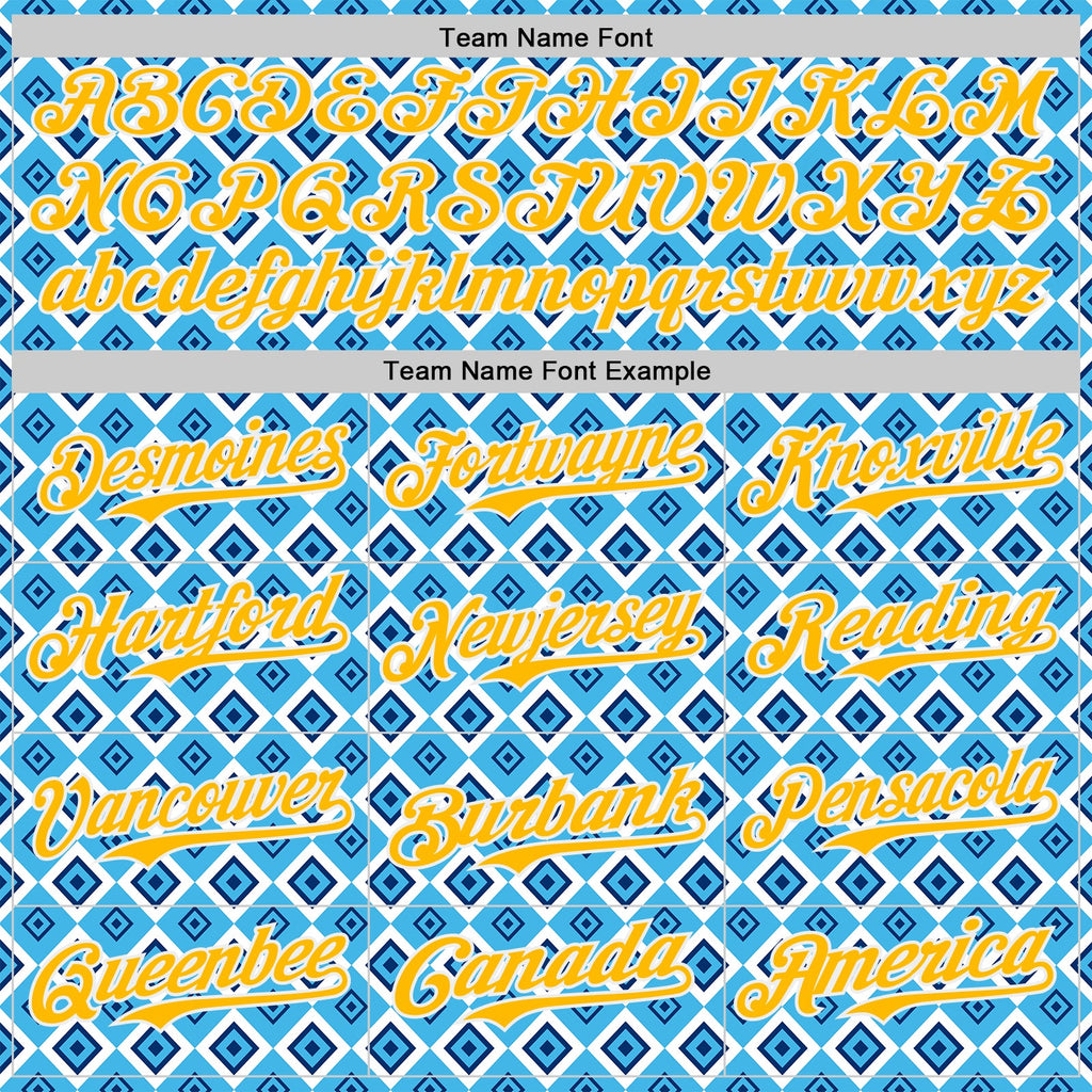 Custom Blue Gold-White Geometric Diamond Grid Rhombus Authentic Baseball Jersey