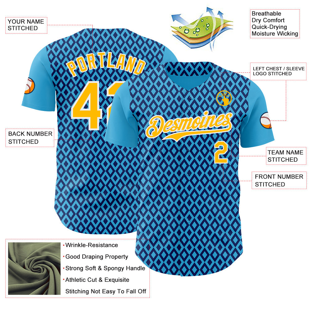 Custom Blue Gold-White Geometric Diamond Grid Rhombus Authentic Baseball Jersey
