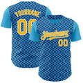 Custom Blue Gold-White Geometric Diamond Grid Rhombus Authentic Baseball Jersey