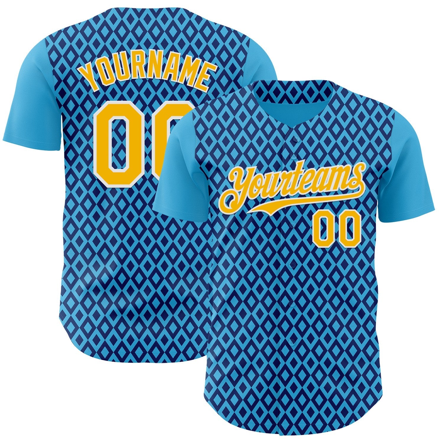 Custom Blue Gold-White Geometric Diamond Grid Rhombus Authentic Baseball Jersey