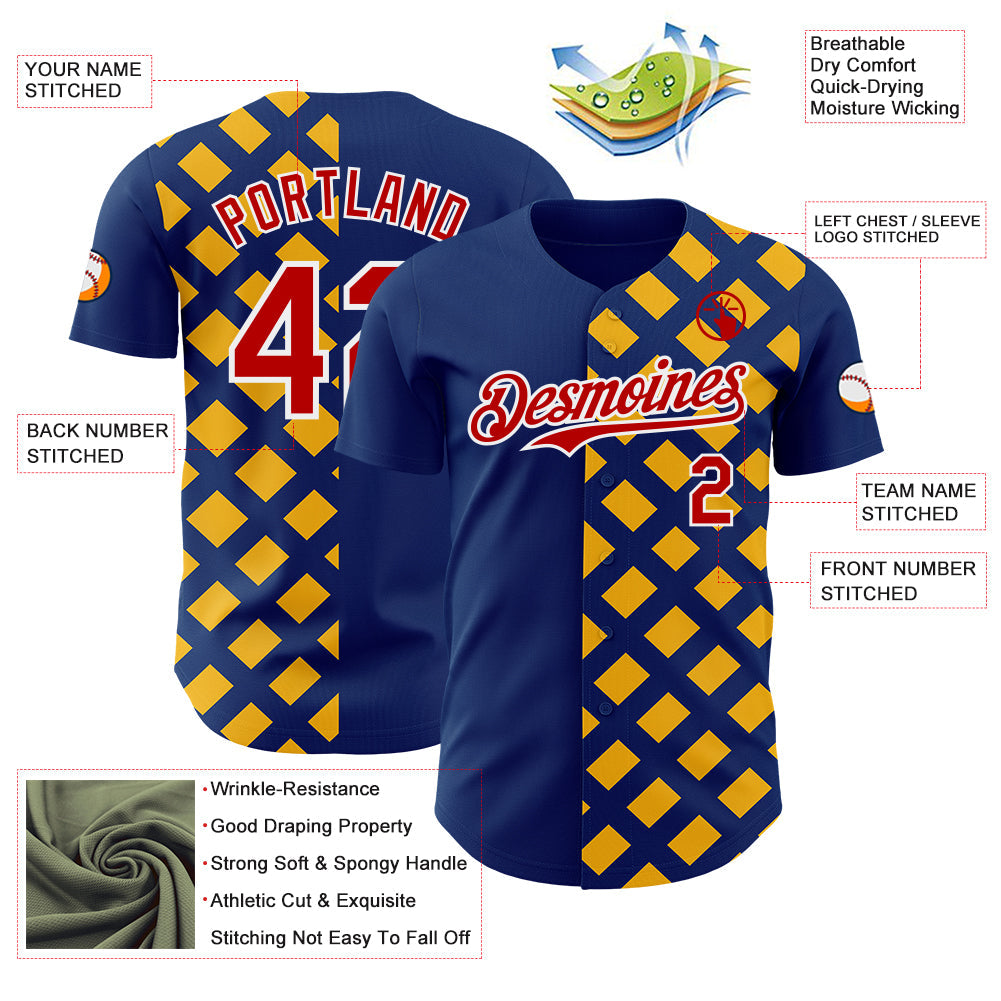 Custom US Navy Blue Red Gold-White Geometric Diamond Grid Rhombus Authentic Baseball Jersey