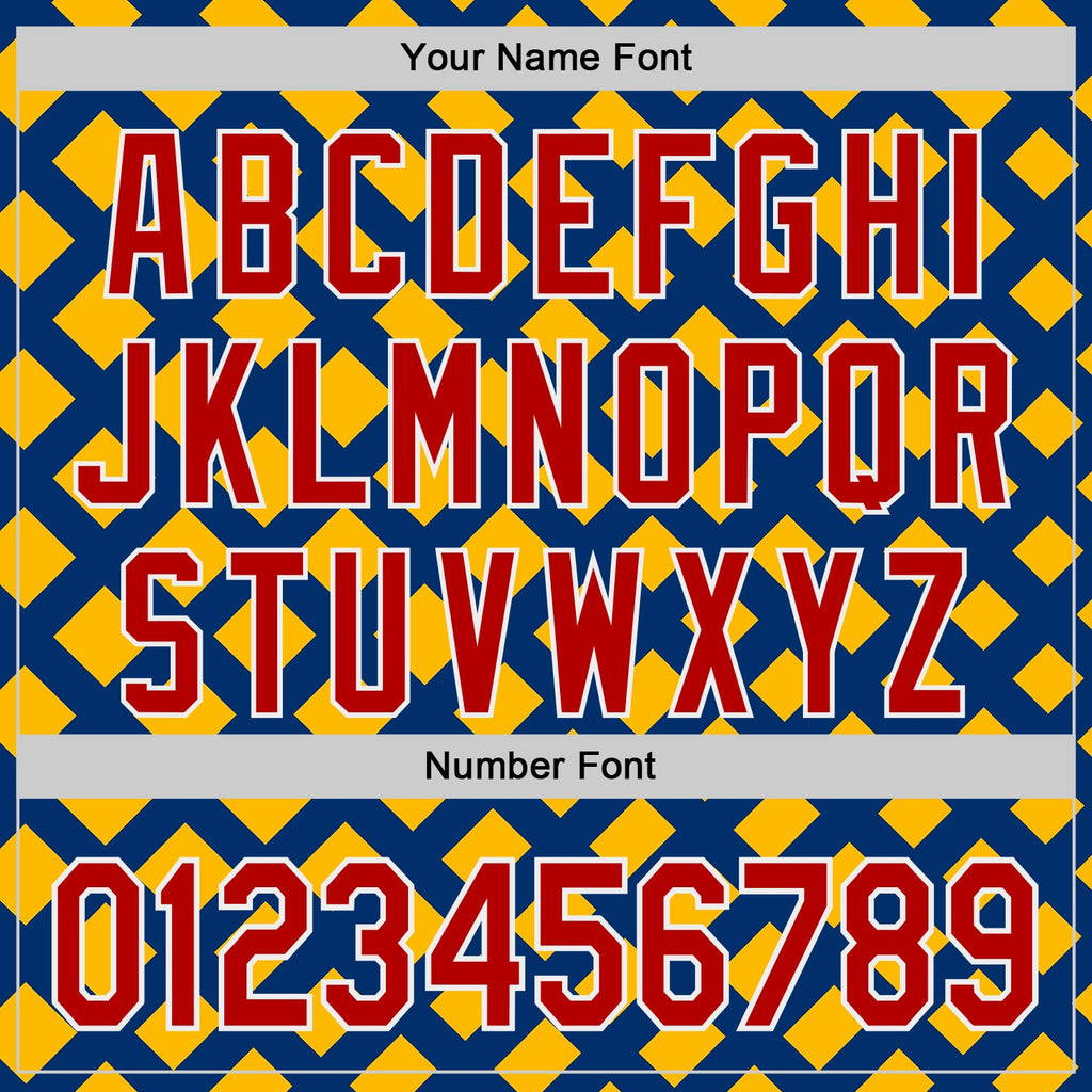 Custom US Navy Blue Red Gold-White Geometric Diamond Grid Rhombus Authentic Baseball Jersey