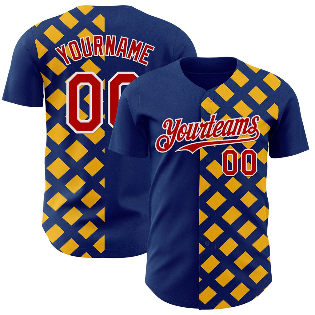 Custom US Navy Blue Red Gold-White Geometric Diamond Grid Rhombus Authentic Baseball Jersey