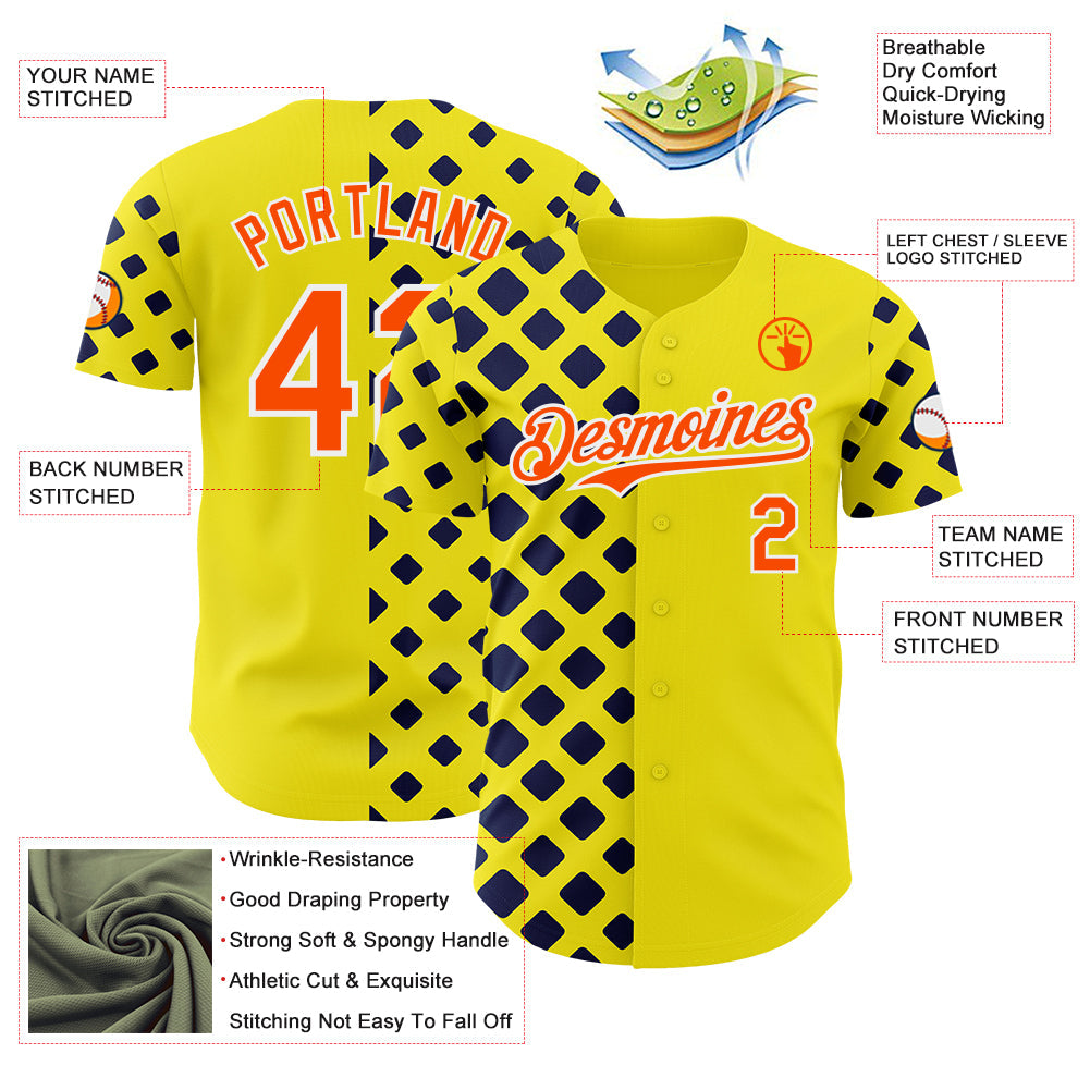 Custom Light Yellow Orange Navy-White Geometric Diamond Grid Rhombus Authentic Baseball Jersey