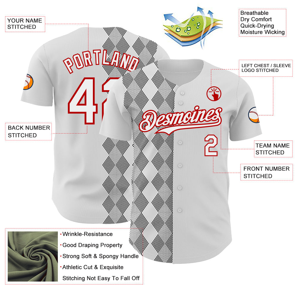 Custom White Black-Red Geometric Diamond Grid Rhombus Authentic Baseball Jersey