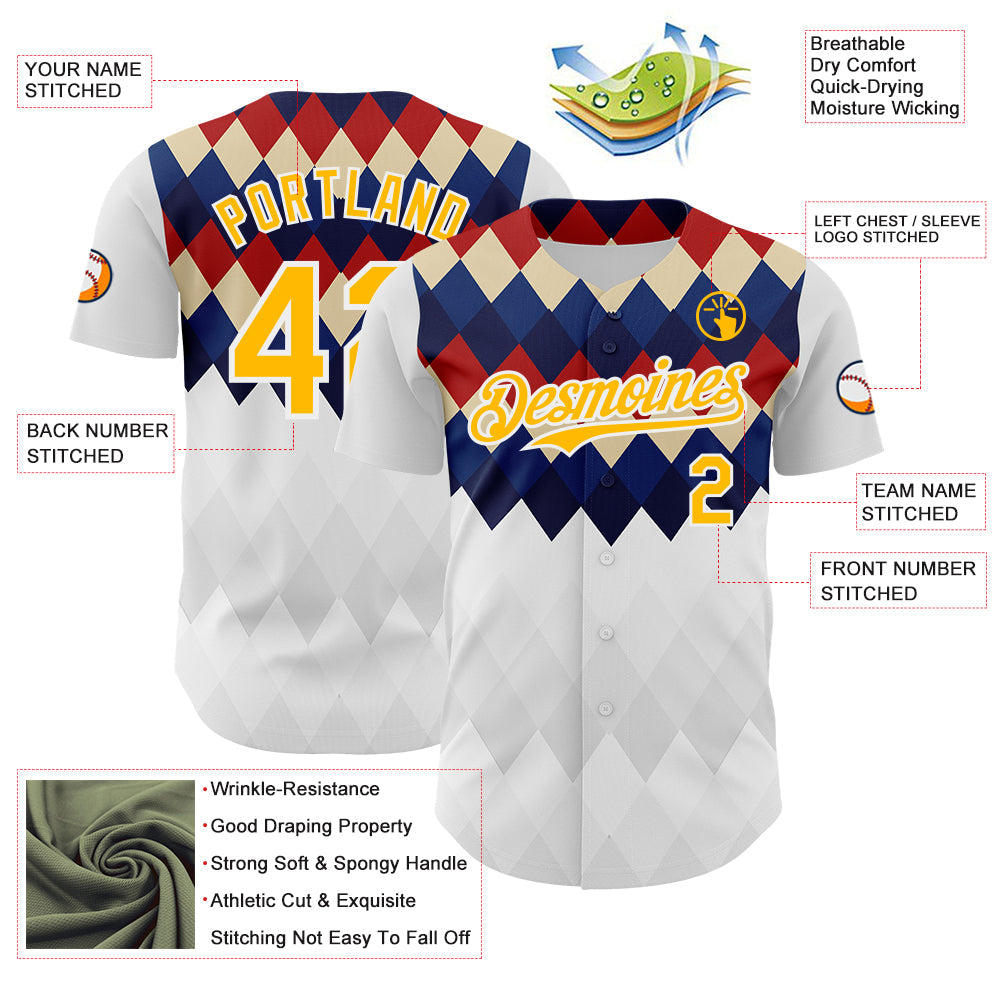 Custom White Gold Red Blue-Cream Geometric Diamond Grid Rhombus Authentic Baseball Jersey