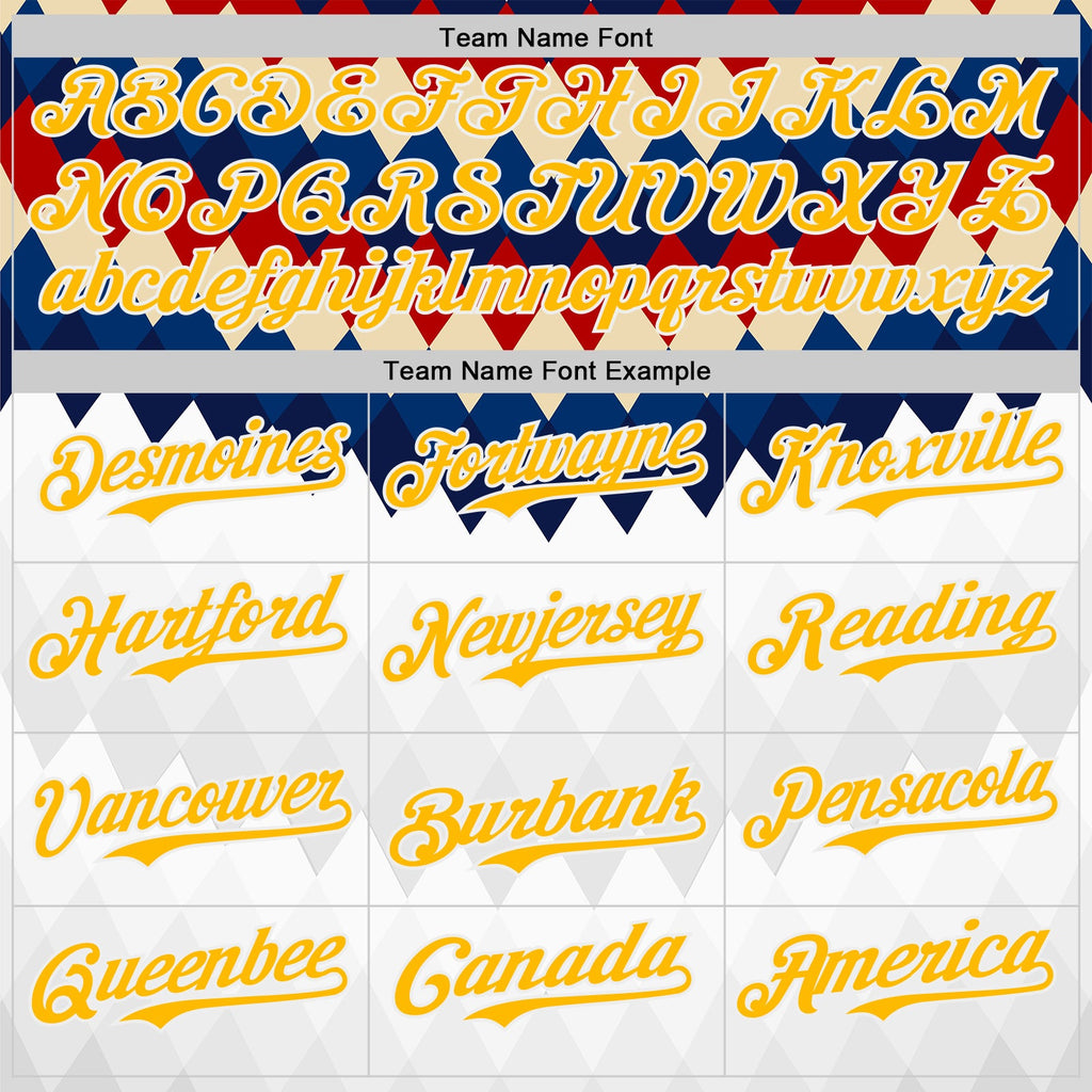Custom White Gold Red Blue-Cream Geometric Diamond Grid Rhombus Authentic Baseball Jersey