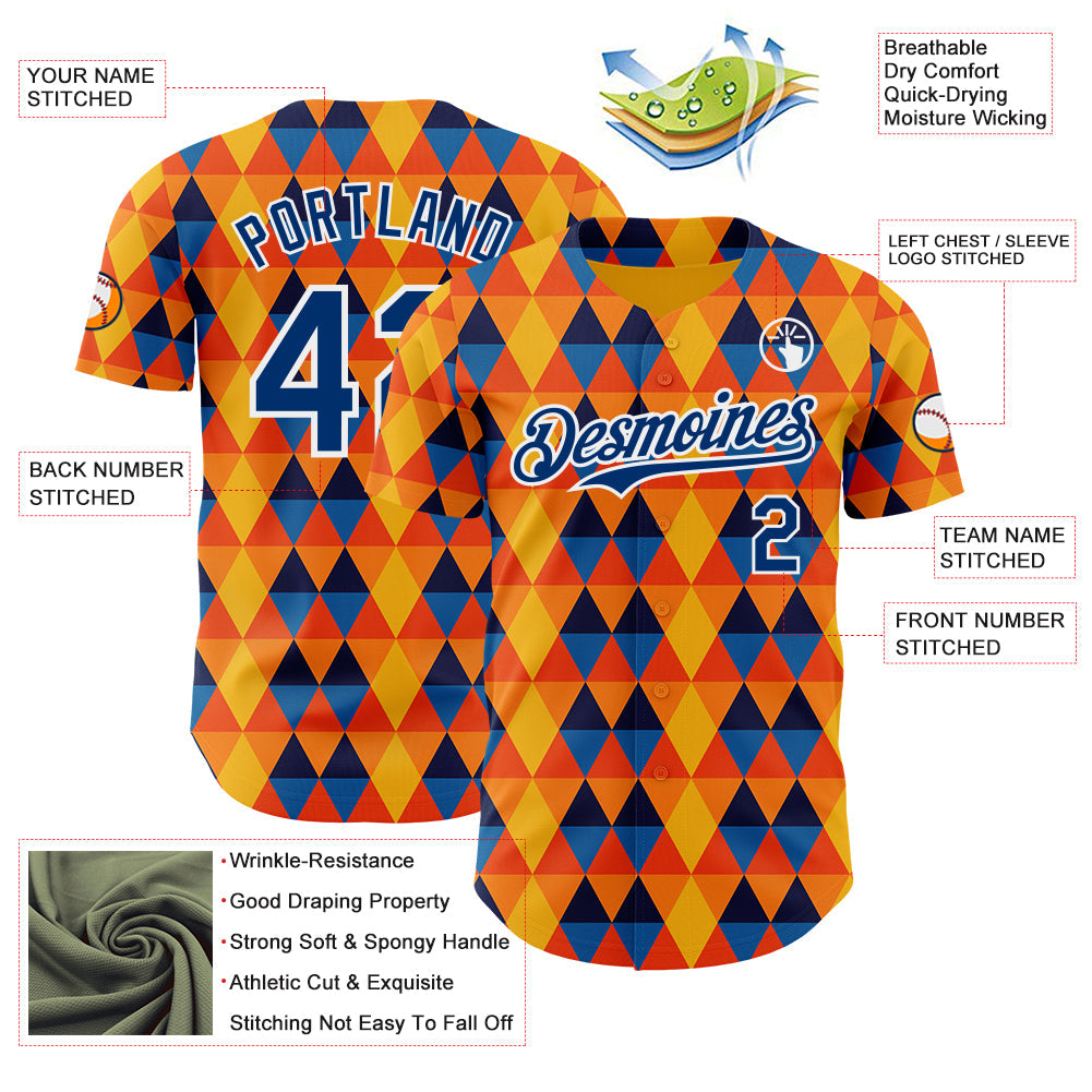 Custom Gold US Navy Blue Orange-White Geometric Diamond Grid Rhombus Authentic Baseball Jersey