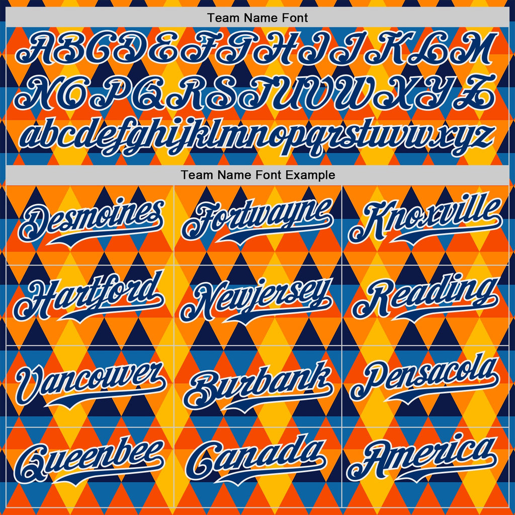 Custom Gold US Navy Blue Orange-White Geometric Diamond Grid Rhombus Authentic Baseball Jersey