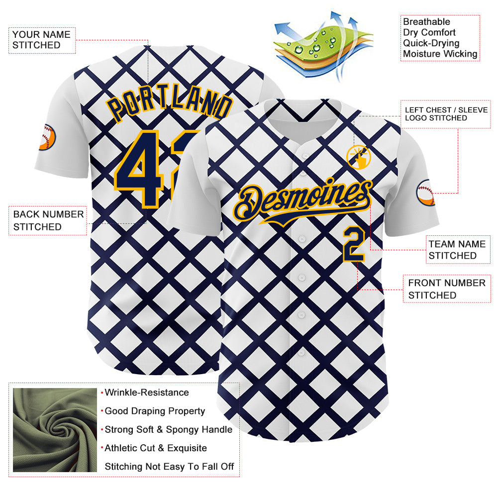 Custom White Navy-Gold Geometric Diamond Grid Rhombus Authentic Baseball Jersey
