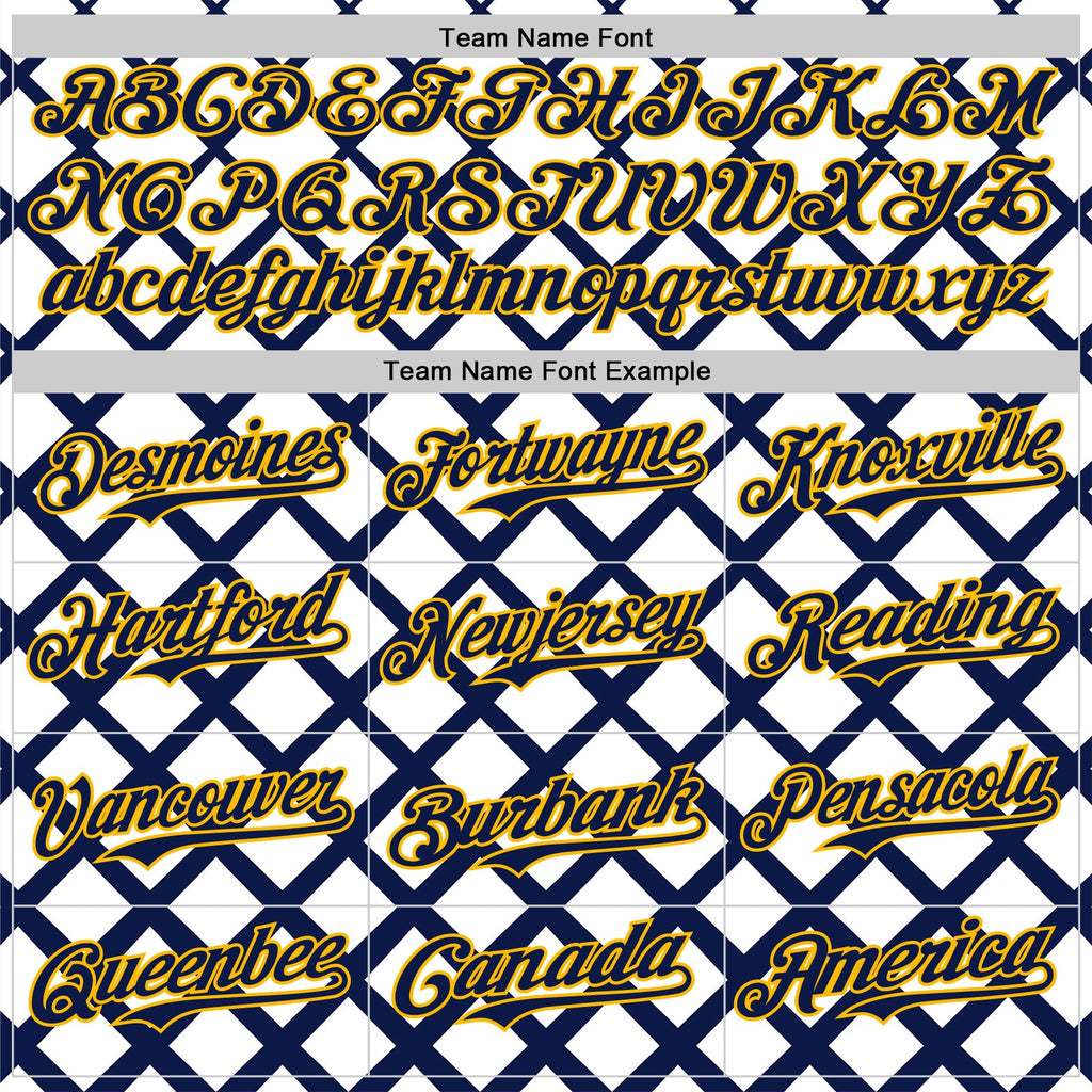 Custom White Navy-Gold Geometric Diamond Grid Rhombus Authentic Baseball Jersey