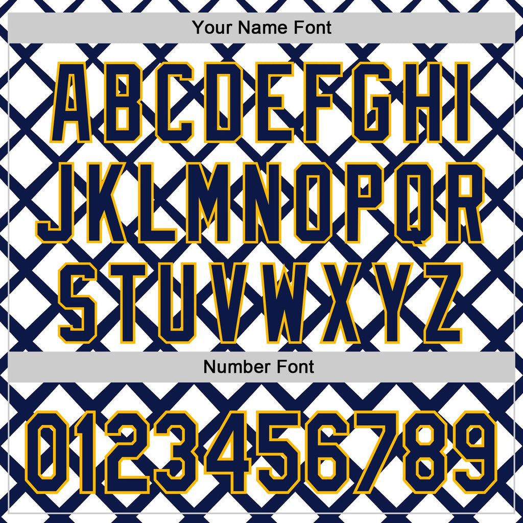 Custom White Navy-Gold Geometric Diamond Grid Rhombus Authentic Baseball Jersey