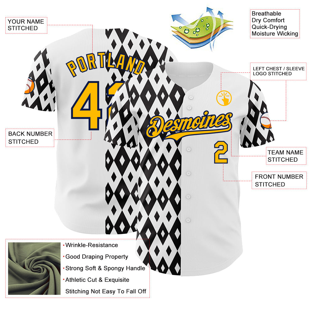 Custom White Gold Black-Navy Geometric Diamond Grid Rhombus Authentic Baseball Jersey
