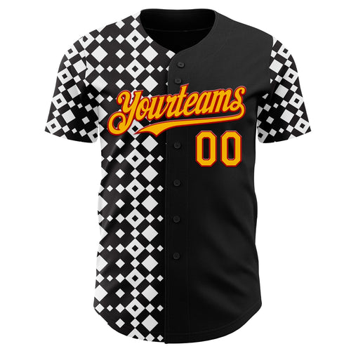 Custom Black Gold White-Red Geometric Diamond Grid Rhombus Authentic Baseball Jersey
