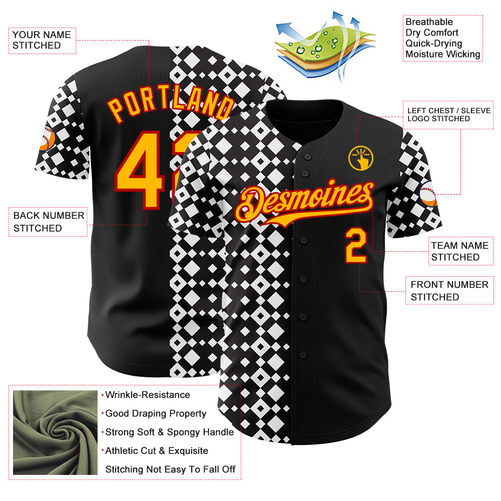 Custom Black Gold White-Red Geometric Diamond Grid Rhombus Authentic Baseball Jersey