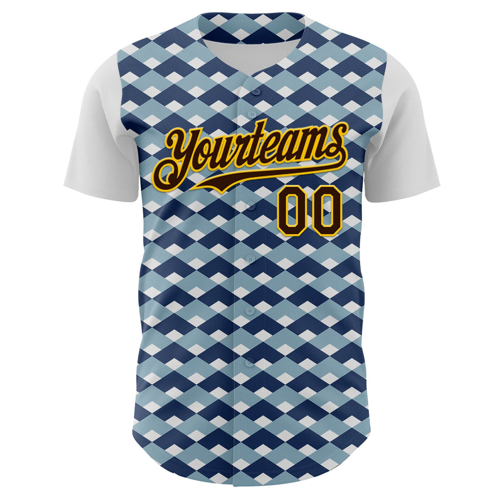 Custom White Brown Blue-Gold Geometric Diamond Grid Rhombus Authentic Baseball Jersey