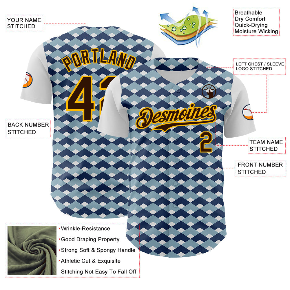Custom White Brown Blue-Gold Geometric Diamond Grid Rhombus Authentic Baseball Jersey