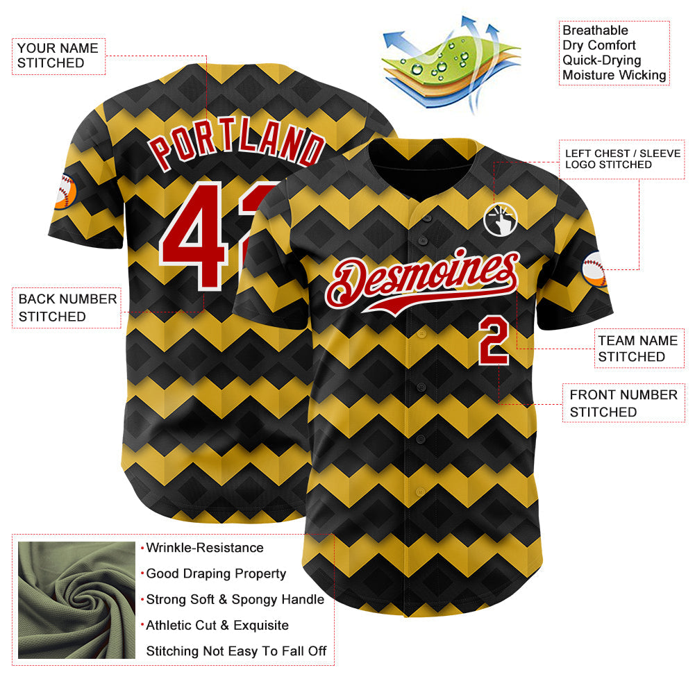 Custom Black Red Yellow-White Geometric Diamond Grid Rhombus Authentic Baseball Jersey