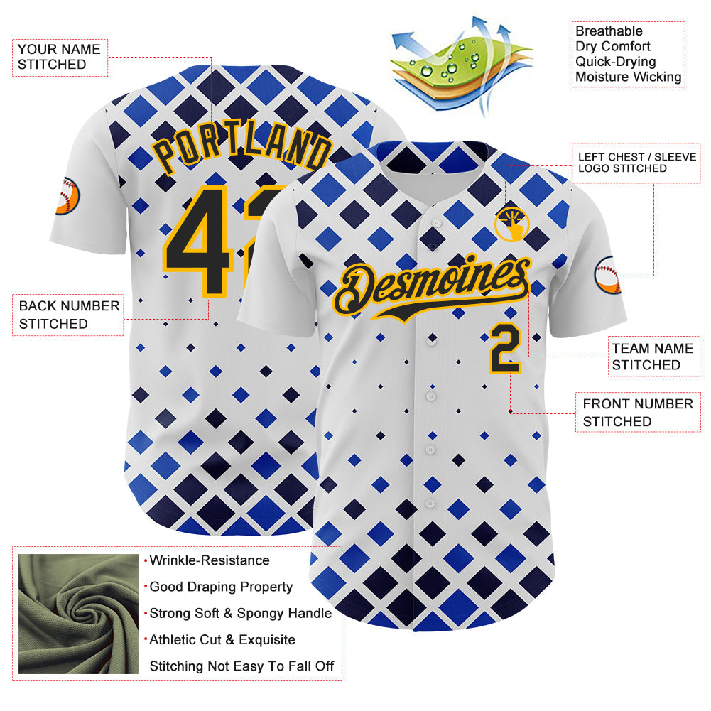Custom White Black Blue-Gold Geometric Diamond Grid Rhombus Authentic Baseball Jersey