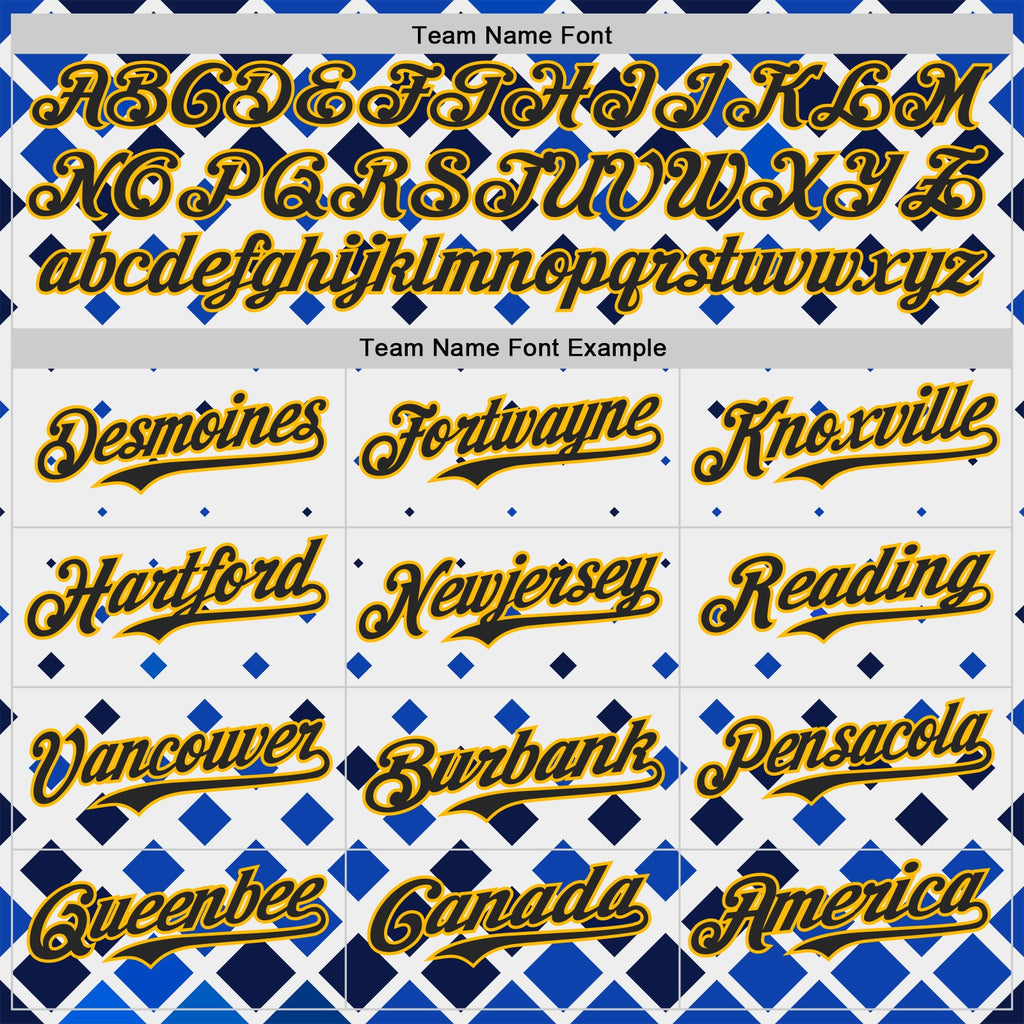 Custom White Black Blue-Gold Geometric Diamond Grid Rhombus Authentic Baseball Jersey