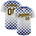 Custom White Black Blue-Gold Geometric Diamond Grid Rhombus Authentic Baseball Jersey